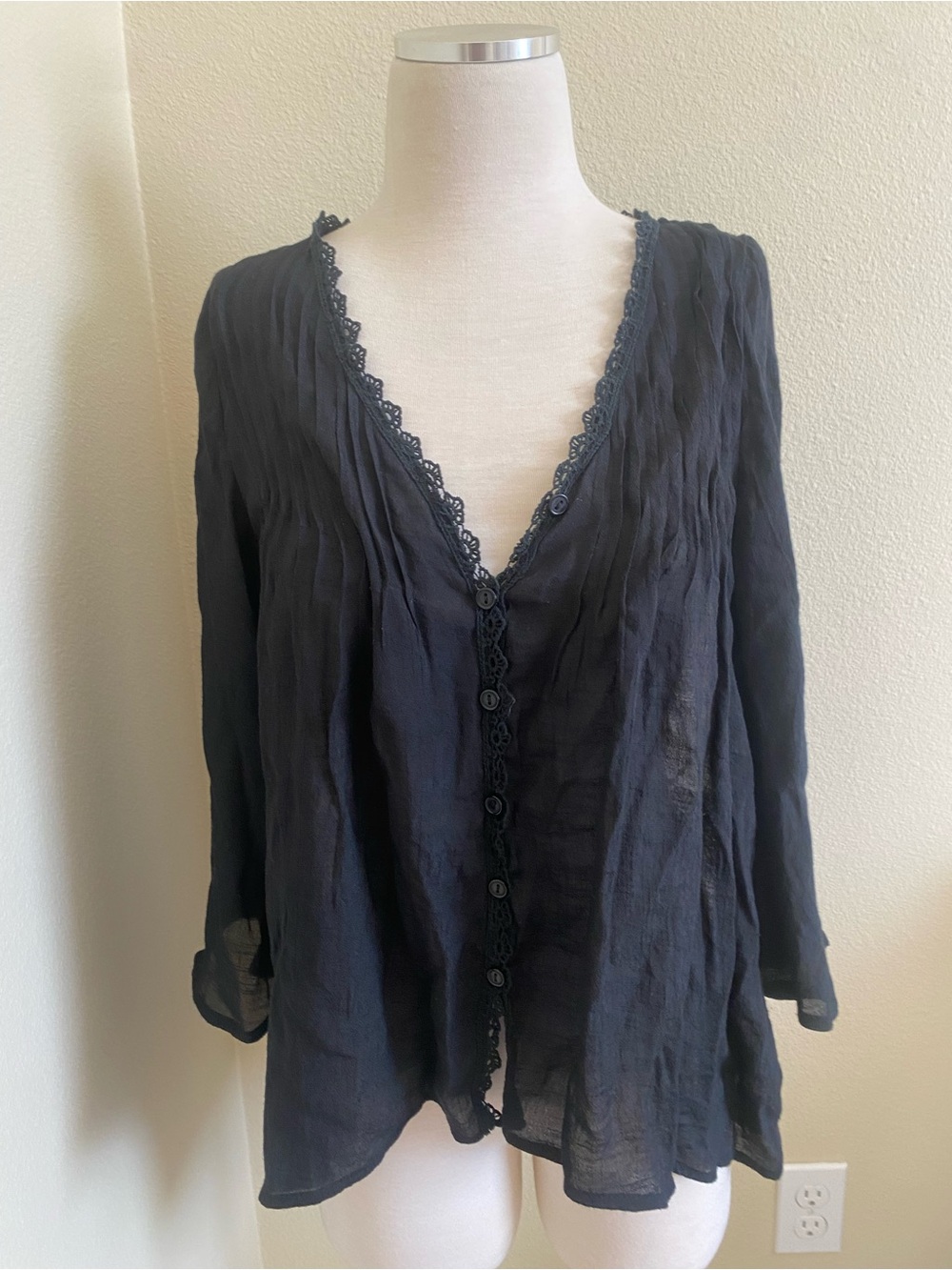 Love Stitch Black Lace-Trim Button Front Blouse